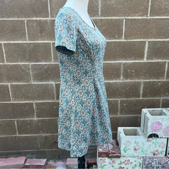 VINTAGE 1960s Babydoll Mini A-Line Shift Dress Geometric Print Blue Vtg 70s - Picture 4 of 9